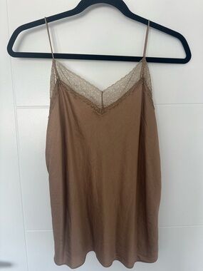 Vince Silk Lace Trim Camisole Beige Brown Size Small Minimal Luxury